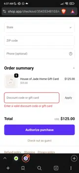 House of Jade coupon verification screenshot