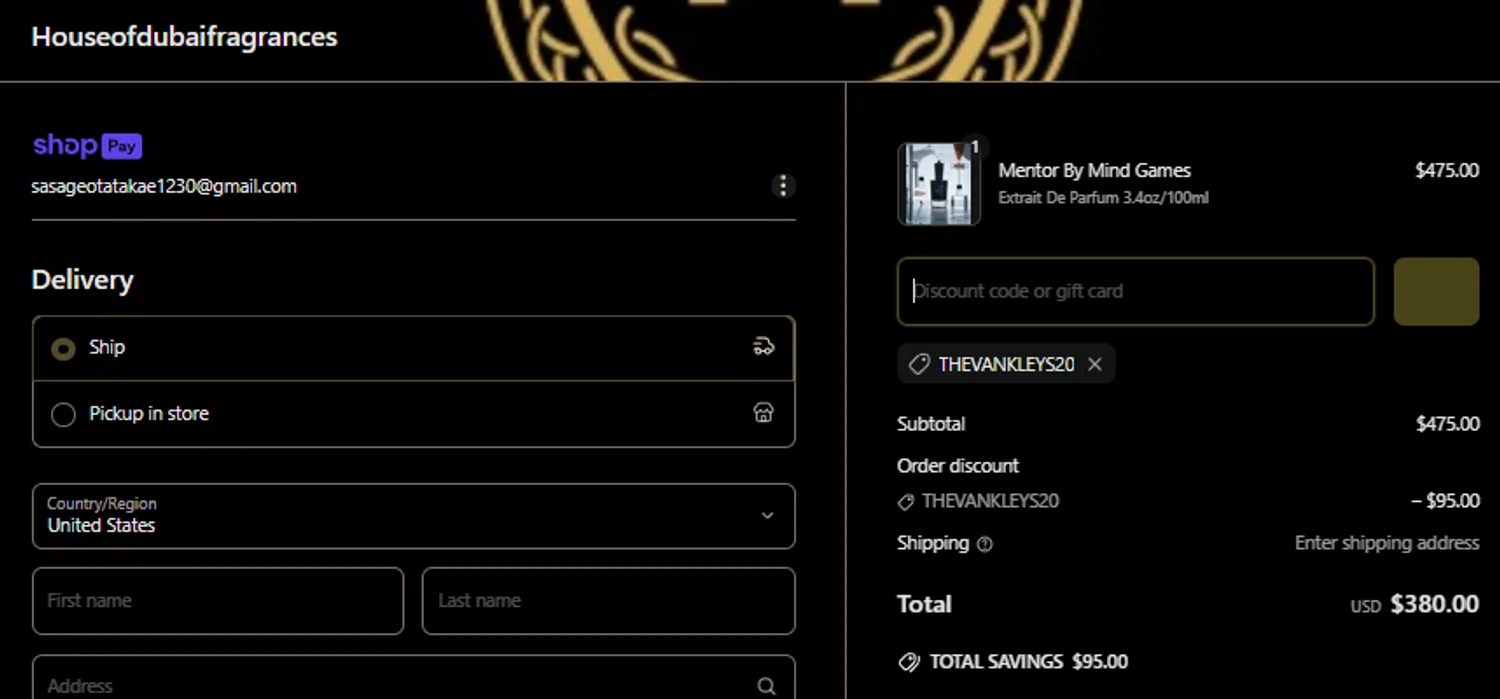 House of Dubai discount code screenshot showing code THEVANKLEYS20 applied at House of Dubai checkout page. Uploaded by SimplyCodes community member Gianpiero on Apr 18, 2025