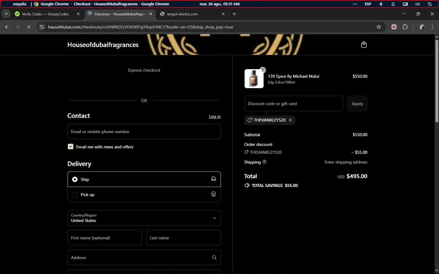 House of Dubai discount code screenshot showing code THEVANKLEYS20 applied at House of Dubai checkout page. Uploaded by SimplyCodes community member ELMARRON on Aug 26, 2025