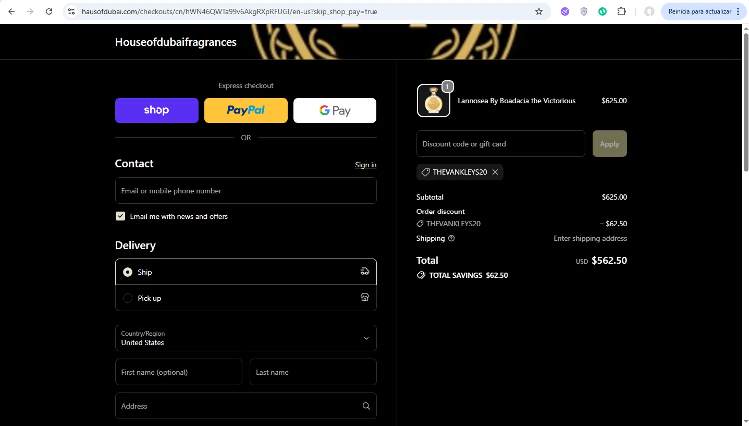 House of Dubai discount code screenshot showing code THEVANKLEYS20 applied at House of Dubai checkout page. Uploaded by SimplyCodes community member ronaldacunajr13 on Oct 14, 2025