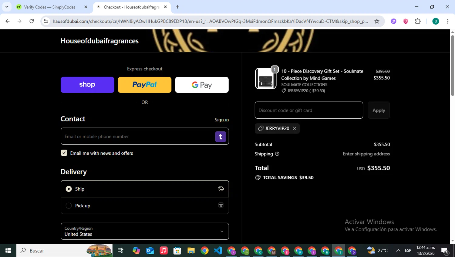 House of Dubai discount code screenshot showing code JERRYVIP20 applied at House of Dubai checkout page. Uploaded by SimplyCodes community member VictoriousPilot5281 on Feb 13, 2026
