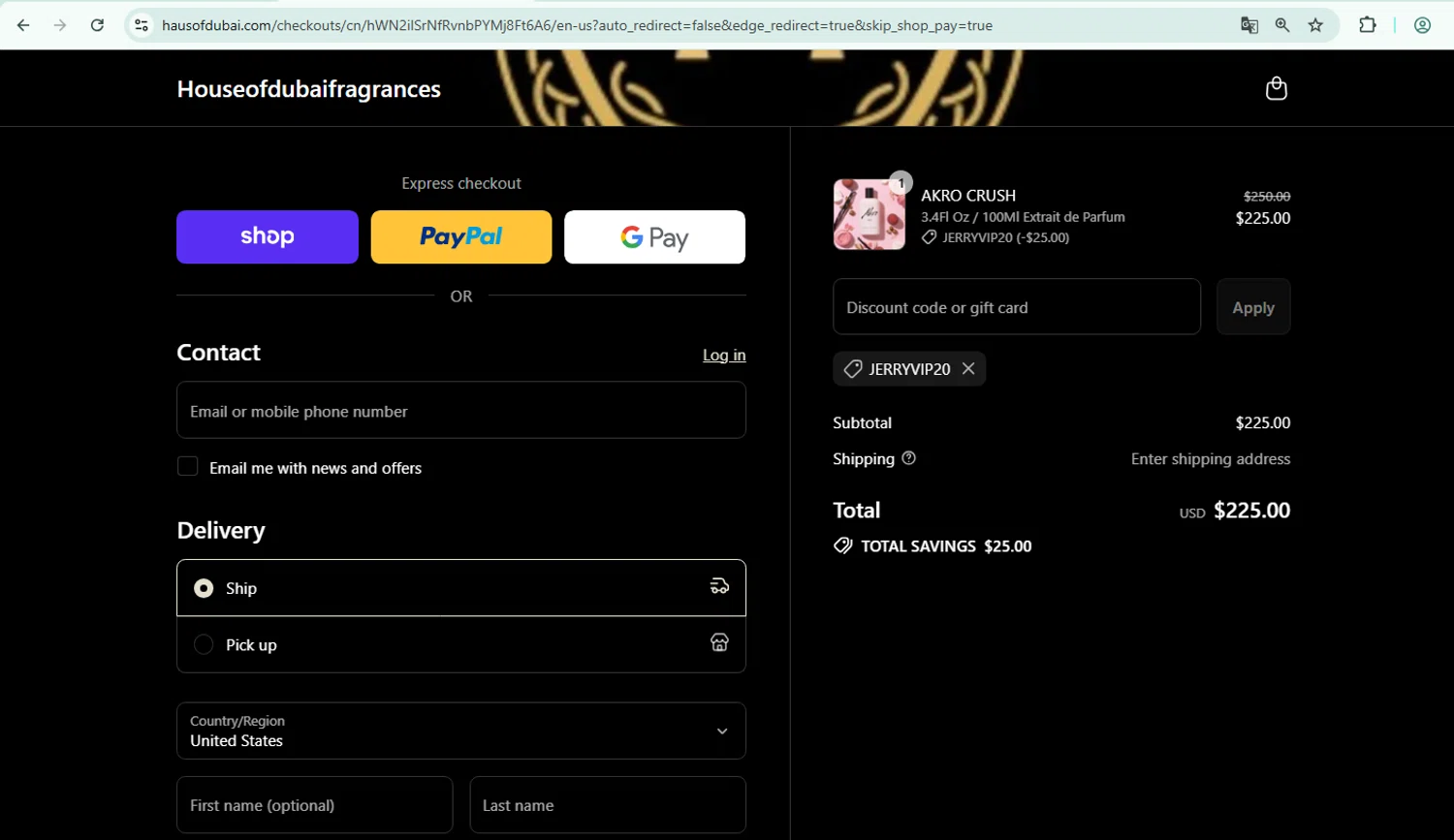 House of Dubai discount code screenshot showing code JERRYVIP20 applied at House of Dubai checkout page. Uploaded by SimplyCodes community member richard007 on Sep 8, 2025