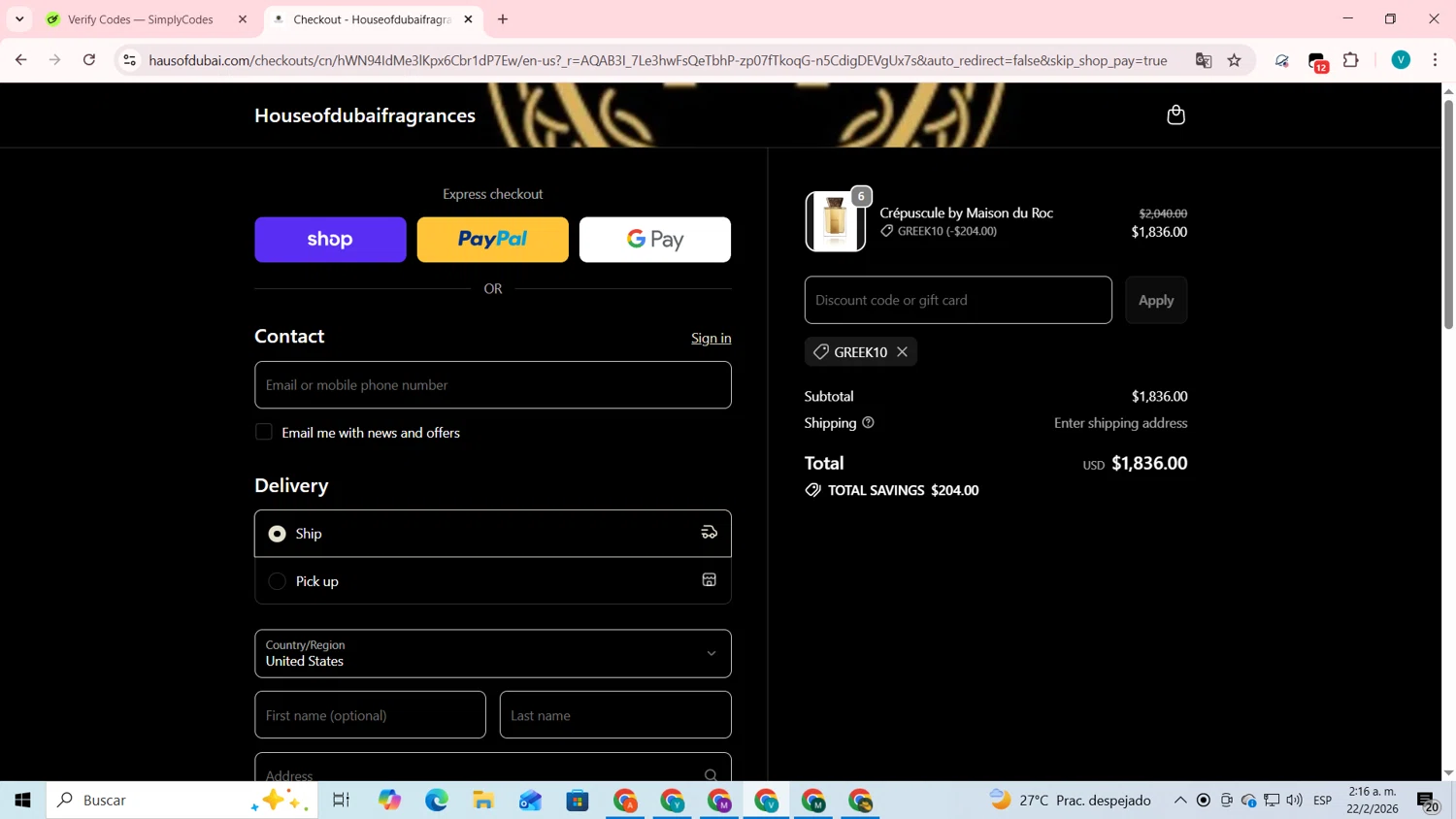 House of Dubai checkout page showing House of Dubai discount code box | Screenshot taken by SimplyCodes community member on Feb 22, 2026