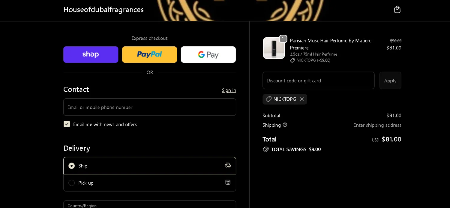 House of Dubai discount code screenshot showing code NICKTOPG applied at House of Dubai checkout page. Uploaded by SimplyCodes community member tuvalu10 on Dec 16, 2025