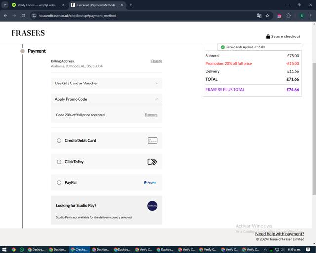 House of Fraser checkout page showing House of Fraser promo code box | Screenshot taken by SimplyCodes community member on Oct 28, 2024
