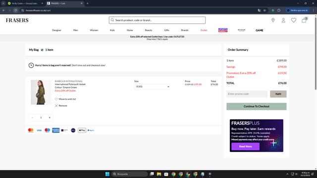 House of Fraser checkout page showing House of Fraser promo code box | Screenshot taken by SimplyCodes community member on Mar 25, 2025