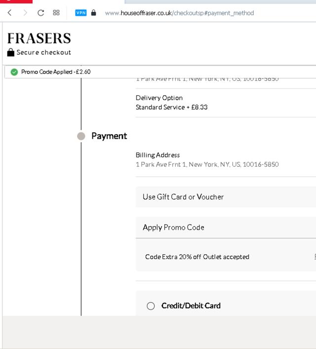 House of Fraser checkout page showing House of Fraser promo code box | Screenshot taken by SimplyCodes community member on Apr 6, 2025