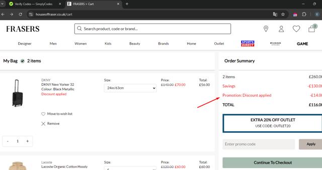 House of Fraser checkout page showing House of Fraser promo code box | Screenshot taken by SimplyCodes community member on Sep 30, 2024