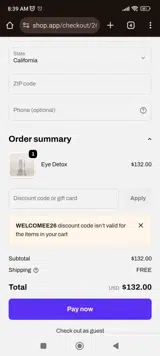 welcomee26 coupon verification screenshot