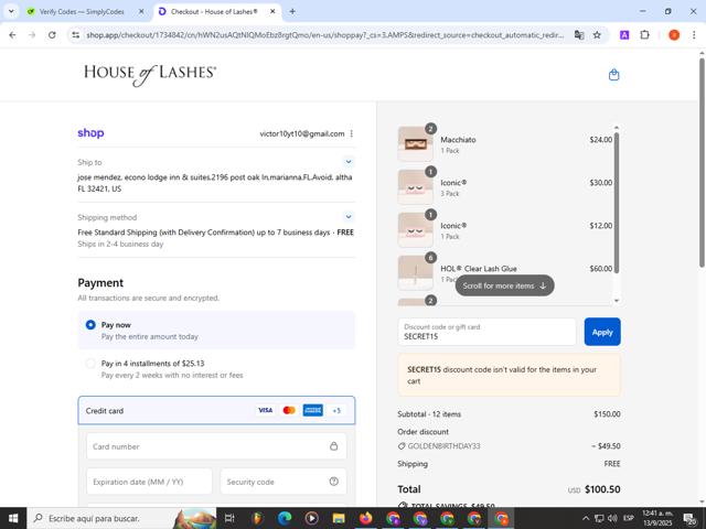 House of Lashes checkout page showing House of Lashes promo code box | Screenshot taken by SimplyCodes community member on Sep 13, 2025