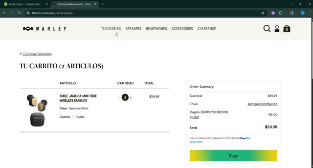 House of Marley checkout page showing House of Marley coupon code box | Screenshot taken by SimplyCodes community member on Aug 22, 2025