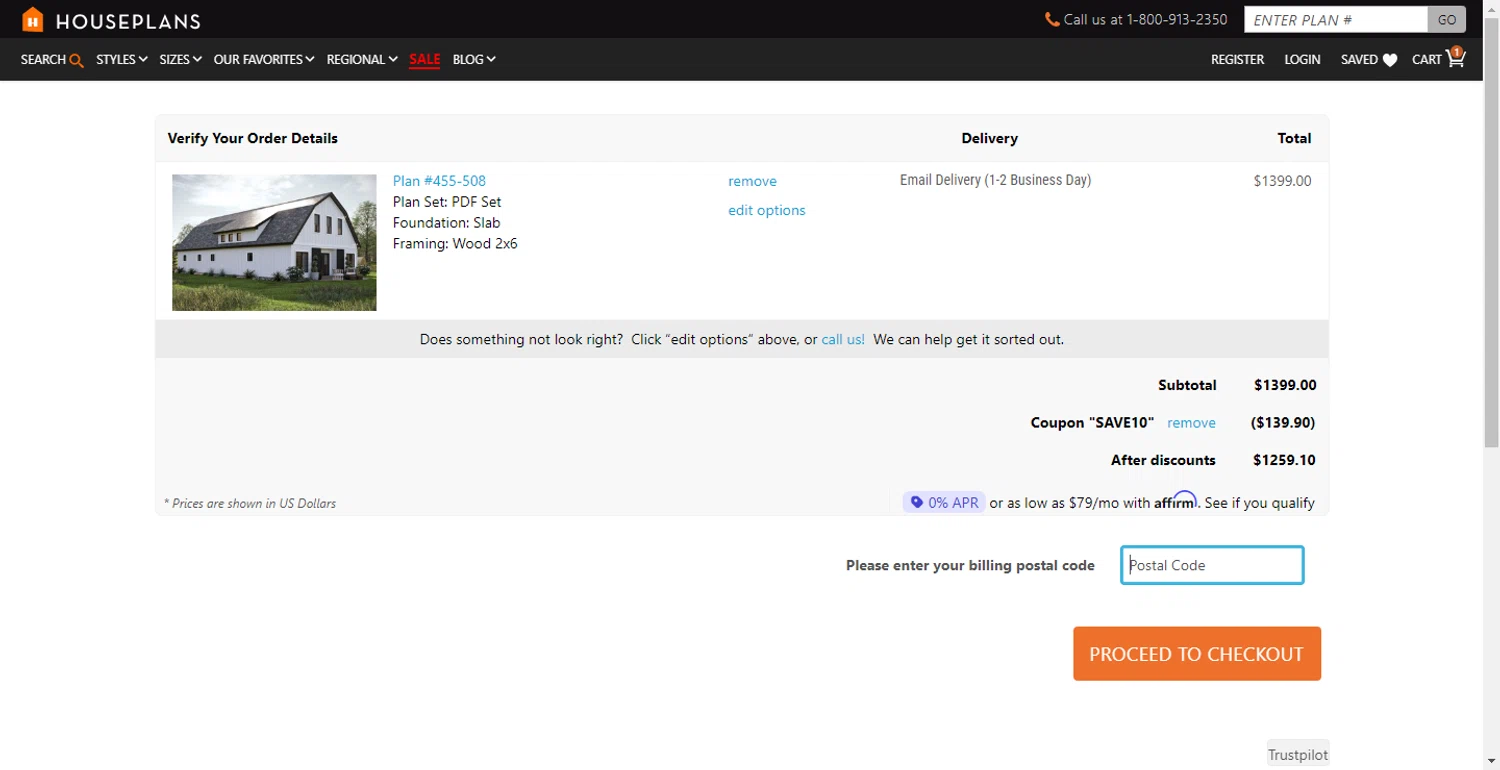 House Plans checkout page showing House Plans coupon code box | Screenshot taken by SimplyCodes community member on Oct 14, 2025