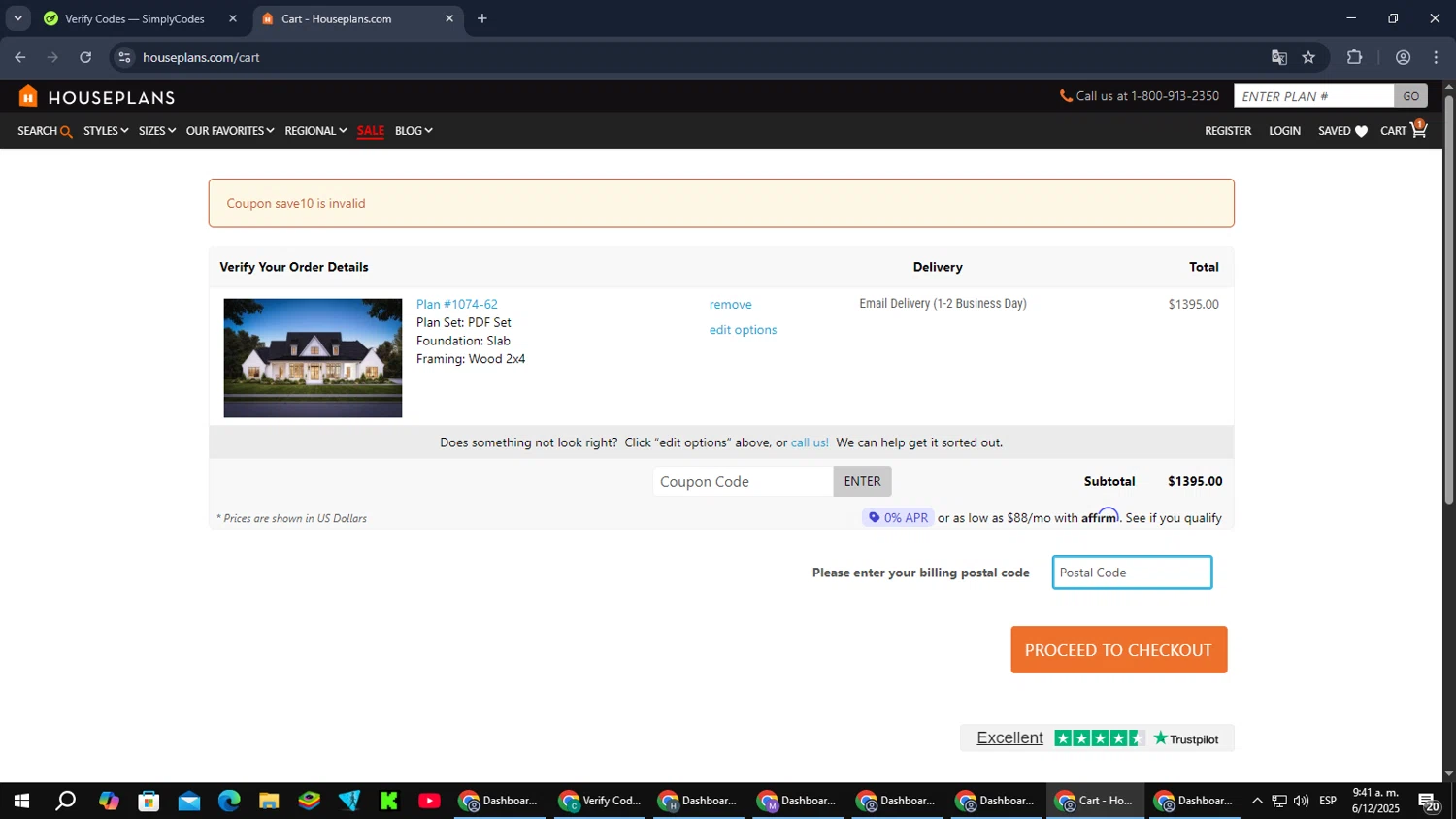 House Plans coupon code screenshot showing code save10 applied at House Plans checkout page. Uploaded by SimplyCodes community member RebateCaptain6440 on Dec 6, 2025