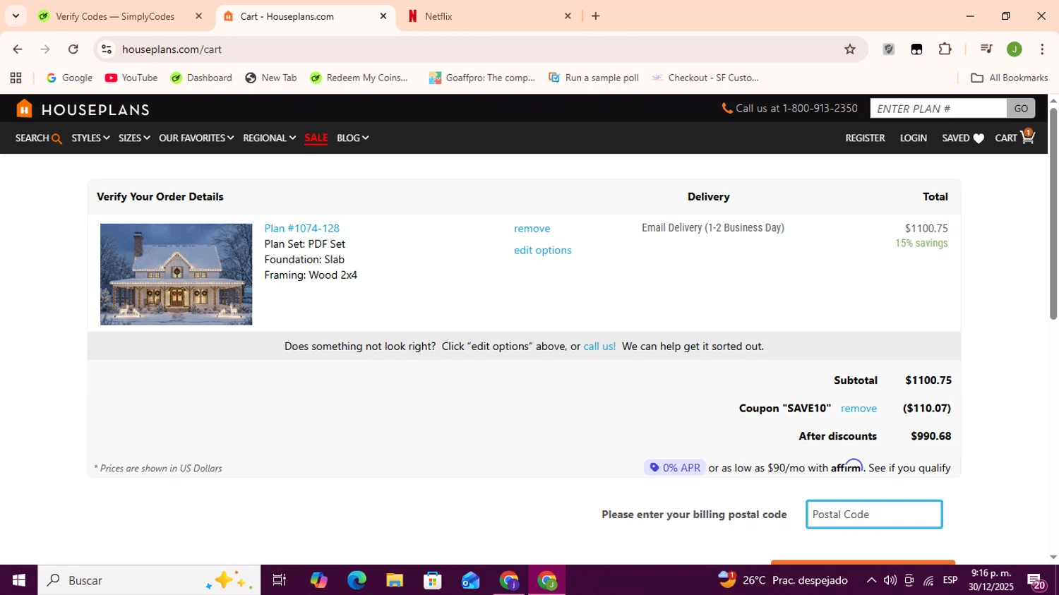 House Plans checkout page showing House Plans coupon code box | Screenshot taken by SimplyCodes community member on Dec 31, 2025