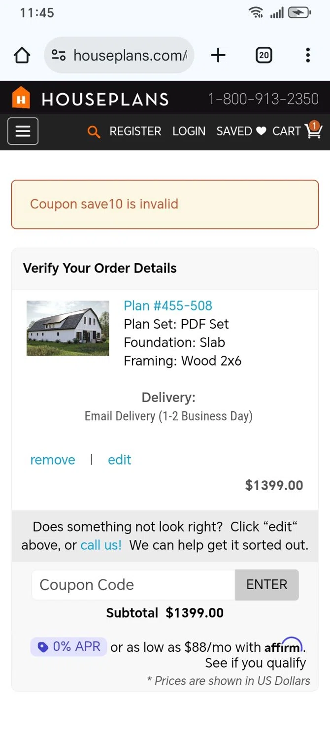 House Plans coupon code screenshot showing code save10 applied at House Plans checkout page. Uploaded by SimplyCodes community member franksanchez on Dec 6, 2025