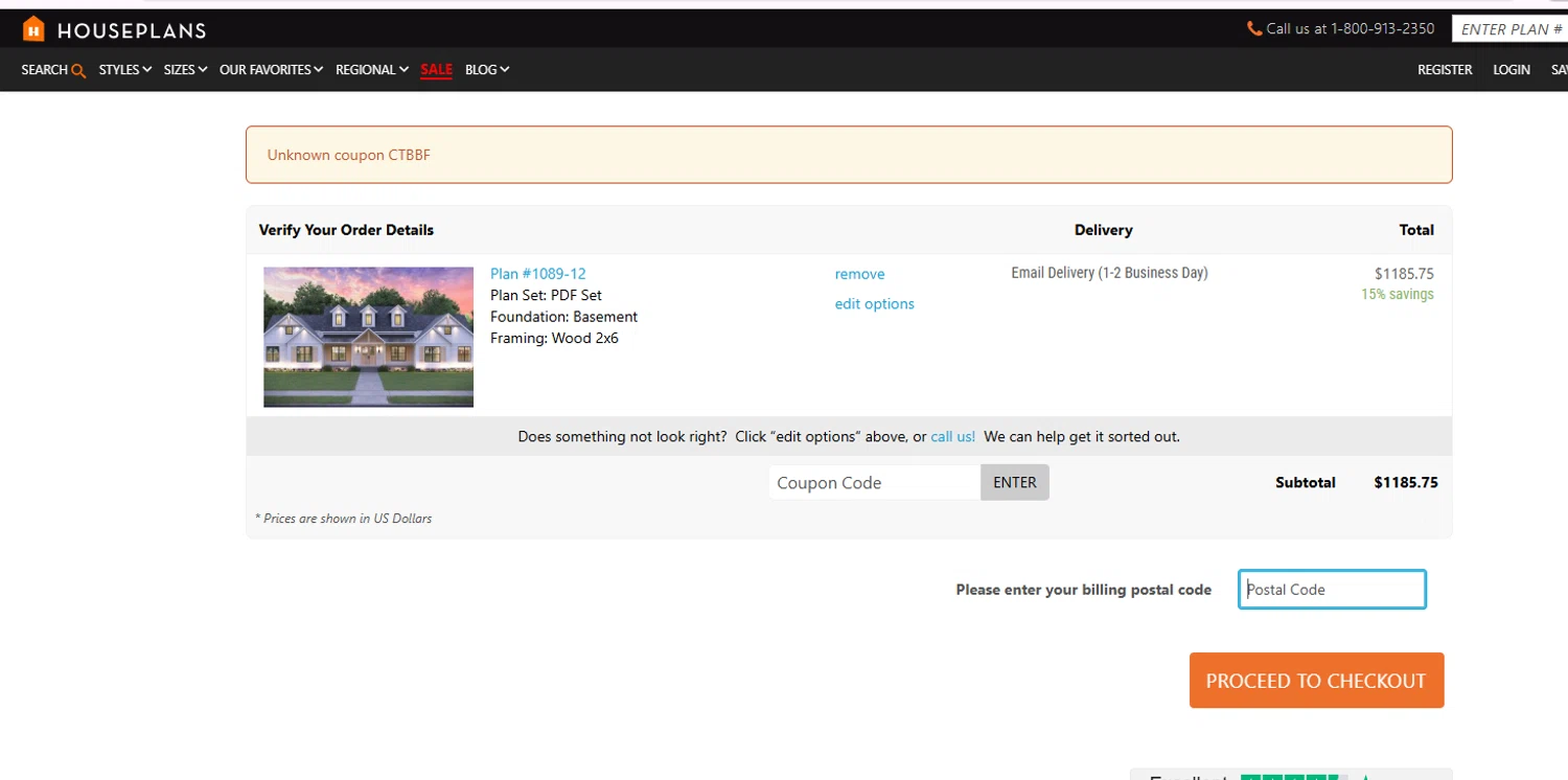 House Plans coupon code screenshot showing code CTBBF applied at House Plans checkout page. Uploaded by SimplyCodes community member RewardOwl2444 on Dec 30, 2025
