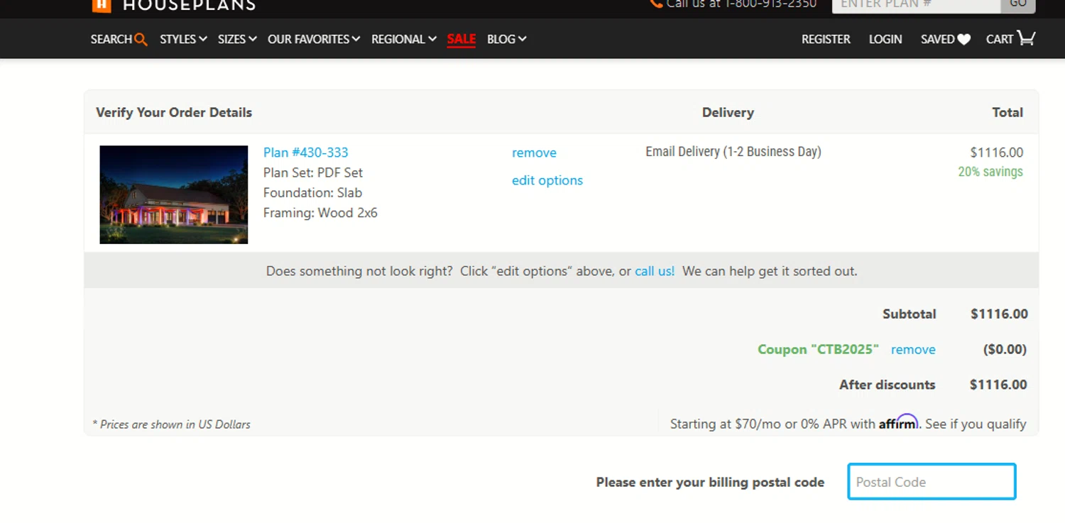House Plans coupon code screenshot showing code CTB2025 applied at House Plans checkout page. Uploaded by SimplyCodes community member a2d2c2d211 on May 30, 2025