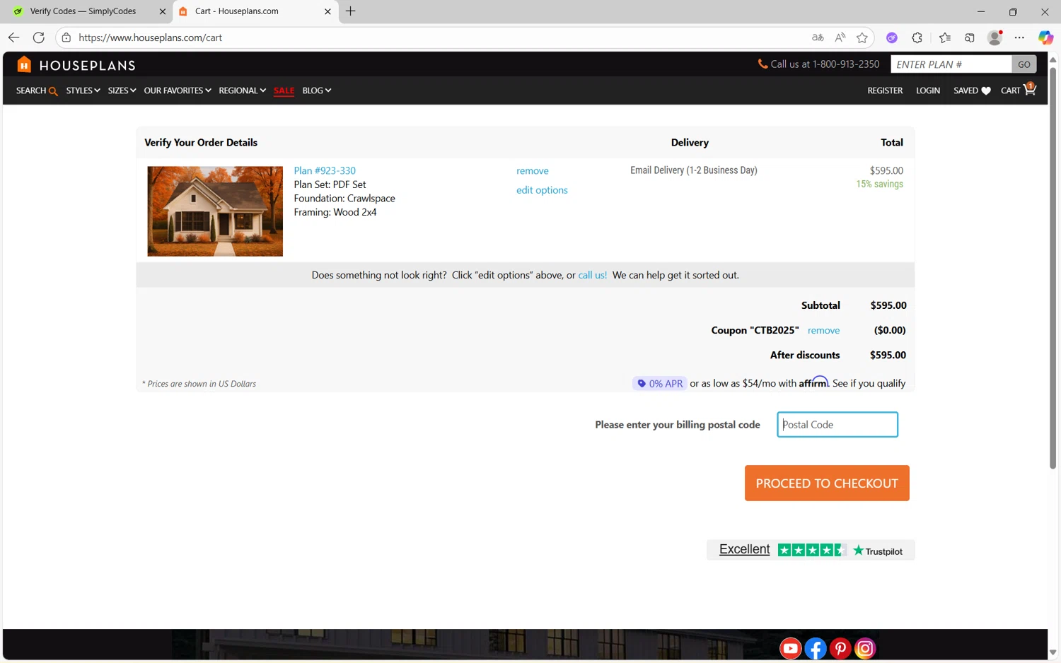 House Plans coupon code screenshot showing code CTB2025 applied at House Plans checkout page. Uploaded by SimplyCodes community member juan1702 on Sep 23, 2025