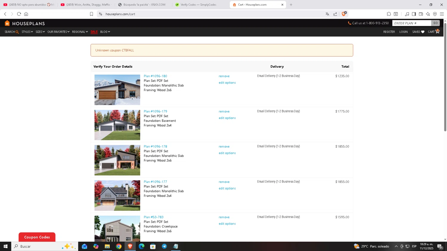 House Plans coupon code screenshot showing code CTBFALL applied at House Plans checkout page. Uploaded by SimplyCodes community member Carloscoder_900457733 on Dec 11, 2025