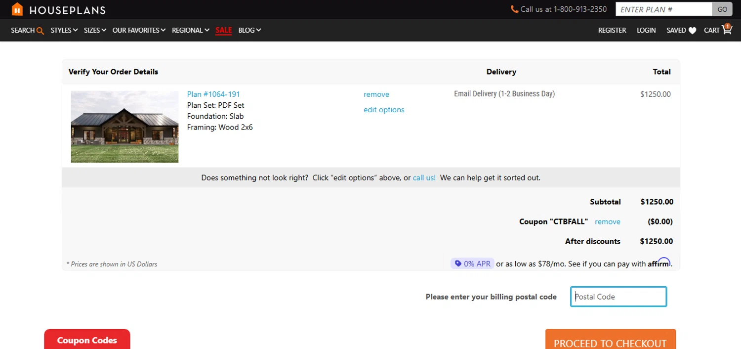 House Plans checkout page showing House Plans coupon code box | Screenshot taken by SimplyCodes community member on Nov 12, 2025