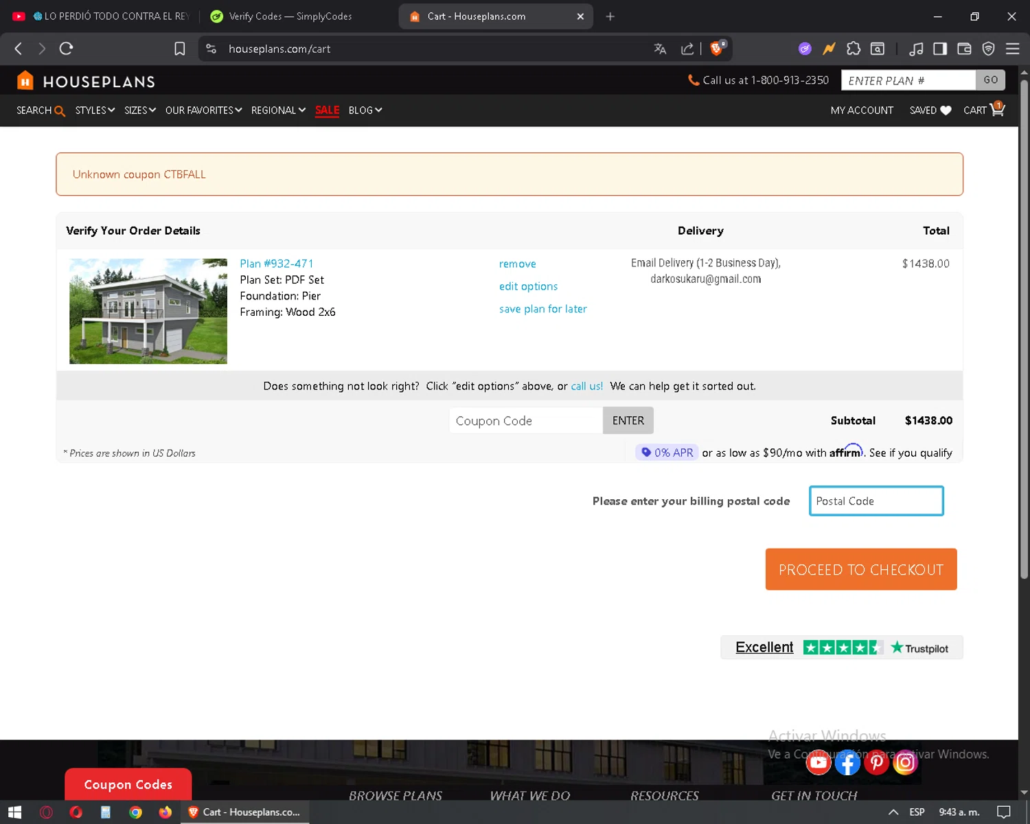 House Plans coupon code screenshot showing code CTBFALL applied at House Plans checkout page. Uploaded by SimplyCodes community member mixelis on Dec 11, 2025
