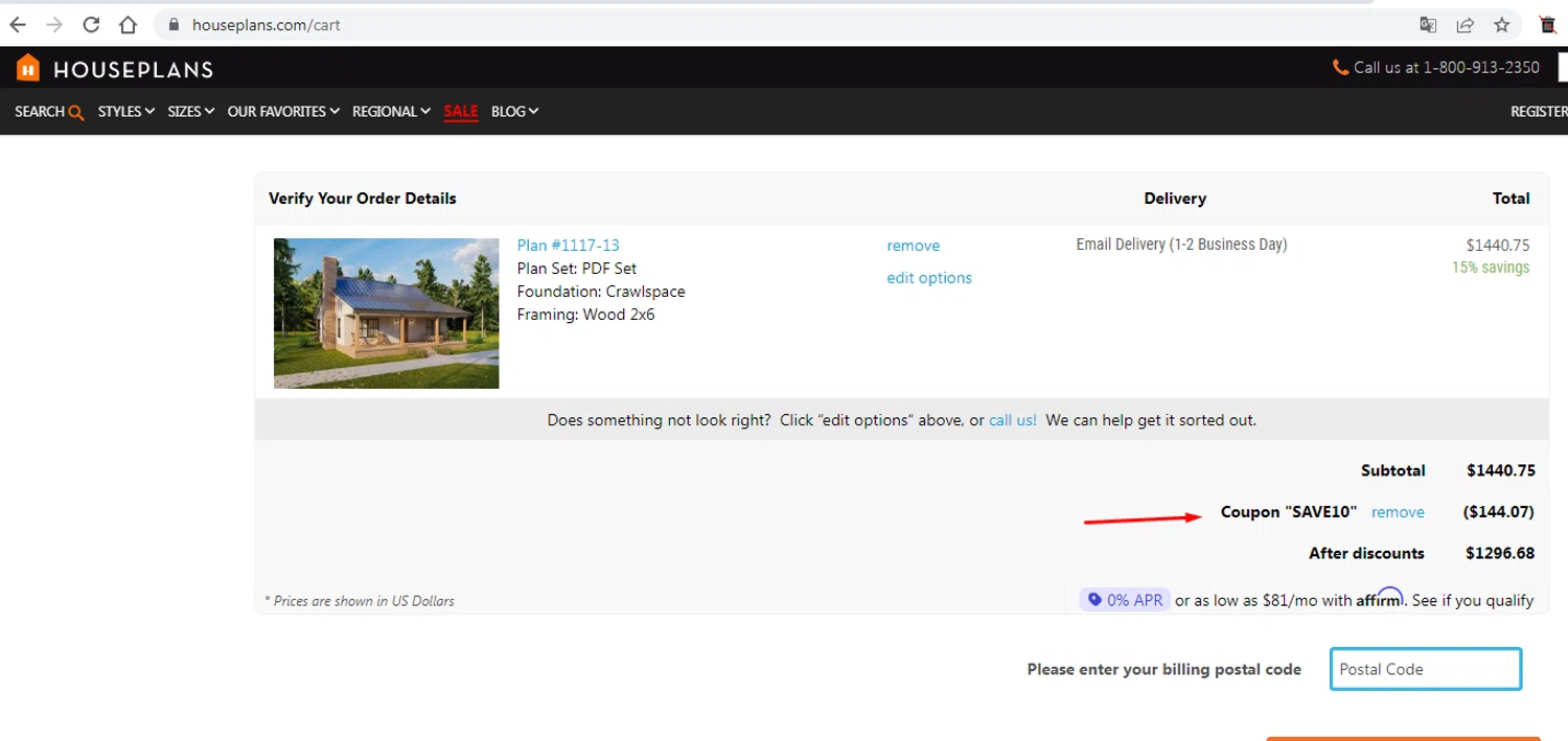 House Plans coupon code screenshot showing code save10 applied at House Plans checkout page. Uploaded by SimplyCodes community member EMILIANOMASABE on Dec 31, 2025