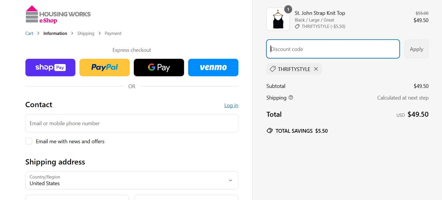 Housing Works eShop promo code screenshot showing code THRIFTYSTYLE applied at Housing Works eShop checkout page. Uploaded by SimplyCodes community member NinjaShoyo on Apr 17, 2025