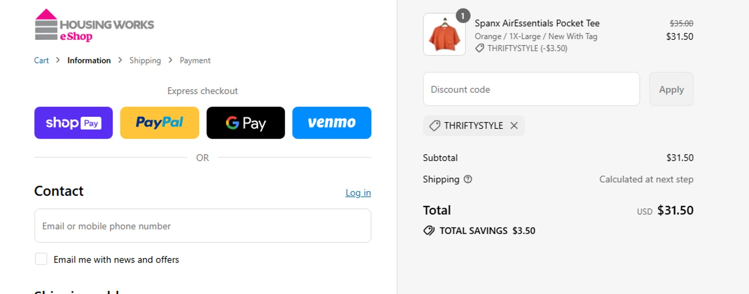 Housing Works eShop promo code screenshot showing code THRIFTYSTYLE applied at Housing Works eShop checkout page. Uploaded by SimplyCodes community member PennyScout6137 on Aug 11, 2025
