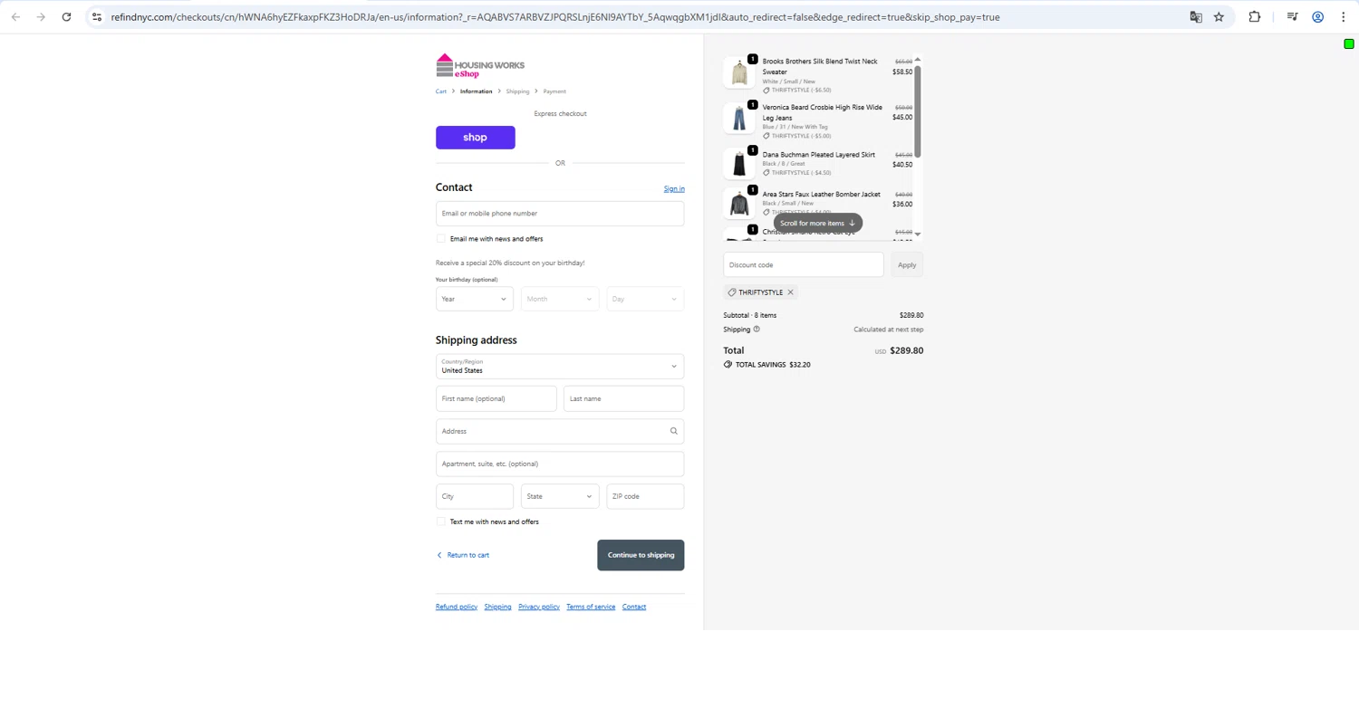 RefindNYC promo code screenshot showing code THRIFTYSTYLE applied at RefindNYC checkout page. Uploaded by SimplyCodes community member RINITOSHI on Mar 21, 2026