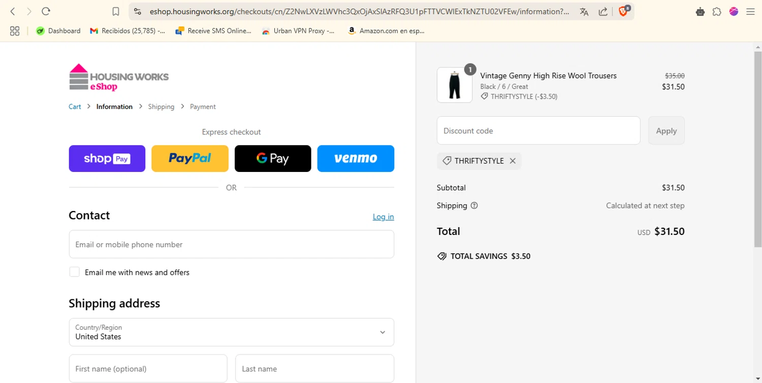Housing Works eShop promo code screenshot showing code THRIFTYSTYLE applied at Housing Works eShop checkout page. Uploaded by SimplyCodes community member brcbrc on Mar 11, 2025