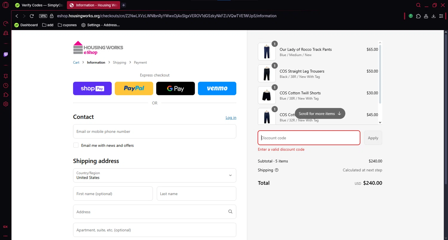 Housing Works eShop promo code screenshot showing code LXZ-X9XUELU applied at Housing Works eShop checkout page. Uploaded by SimplyCodes community member Mortek on Jun 6, 2025