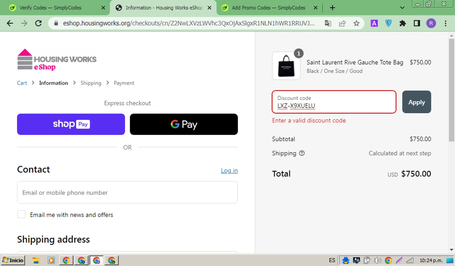 Housing Works eShop promo code screenshot showing code LXZ-X9XUELU applied at Housing Works eShop checkout page. Uploaded by SimplyCodes community member ThriftyMonarch5789 on Jun 6, 2025