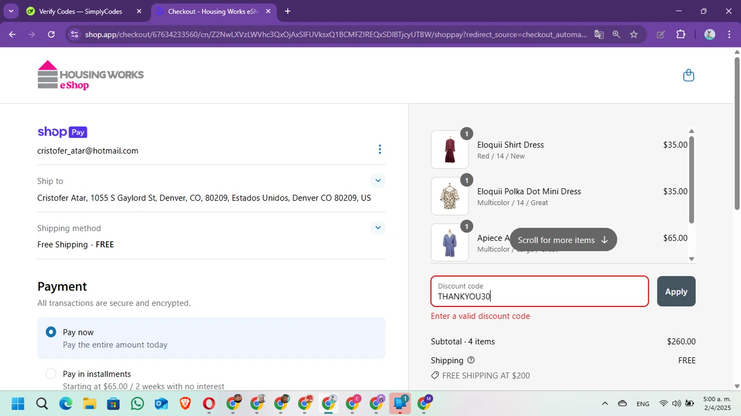 Housing Works eShop promo code screenshot showing code THANKYOU30 applied at Housing Works eShop checkout page. Uploaded by SimplyCodes community member Marielis on Apr 2, 2025