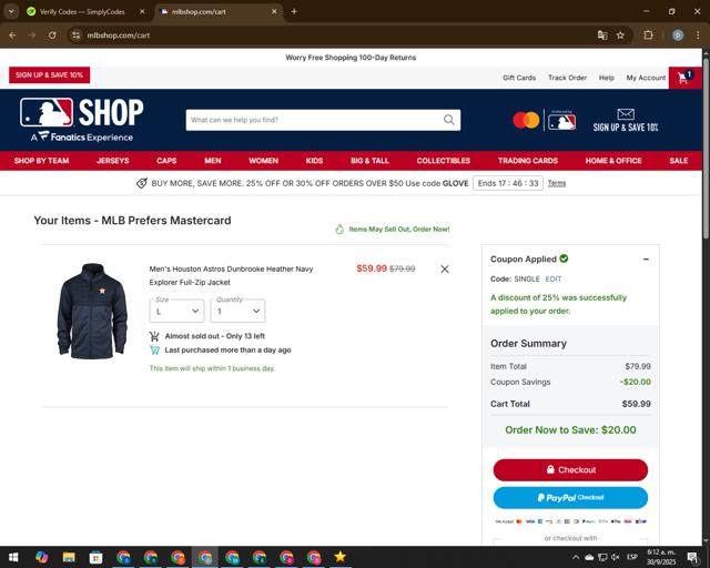Houston Astros checkout page showing Houston Astros promo code box | Screenshot taken by SimplyCodes community member on Sep 30, 2025