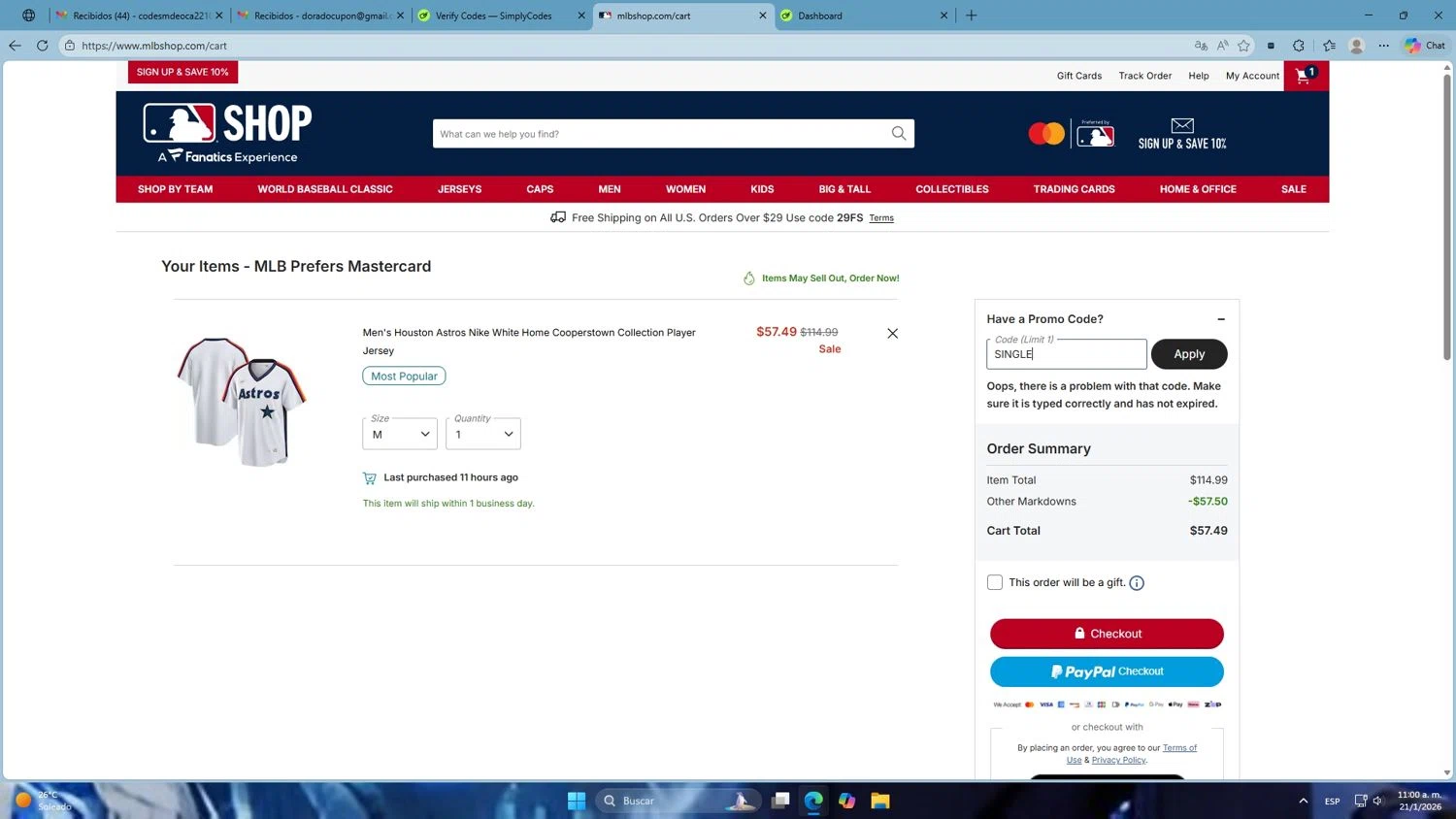Houston Astros promo code screenshot showing code single applied at Houston Astros checkout page. Uploaded by SimplyCodes community member Mdeoca on Jan 21, 2026