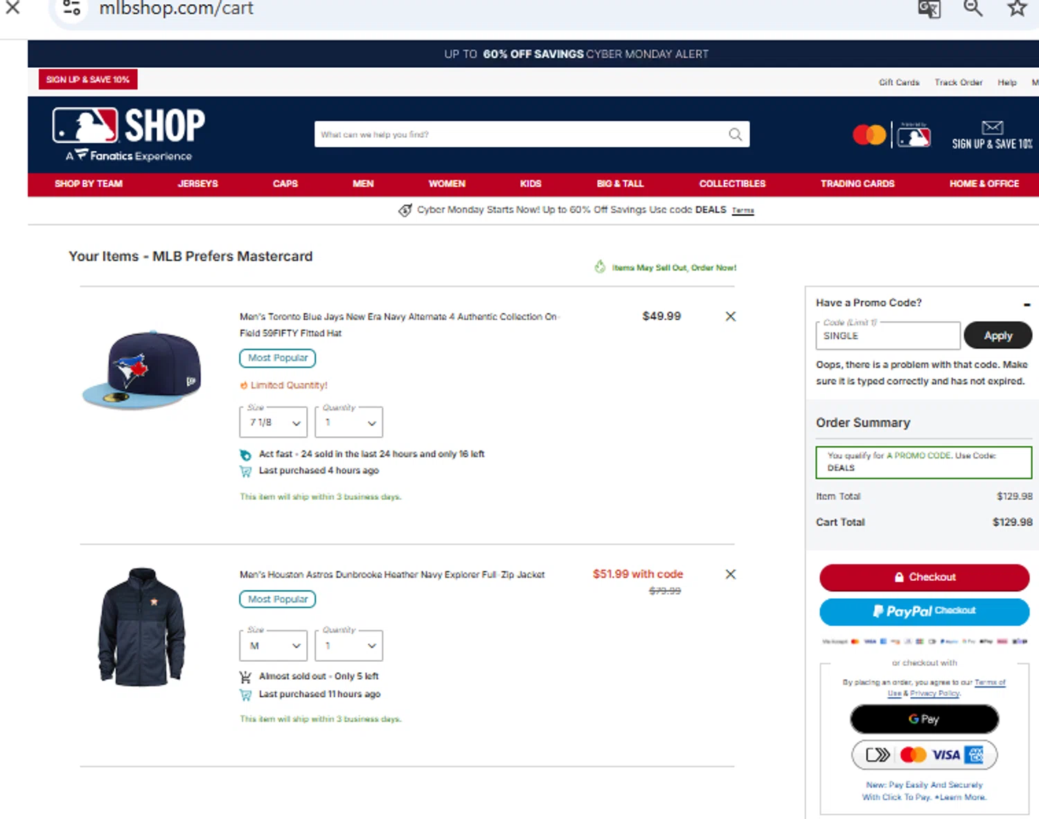 Houston Astros promo code screenshot showing code single applied at Houston Astros checkout page. Uploaded by SimplyCodes community member PennyOwl2559 on Nov 30, 2025