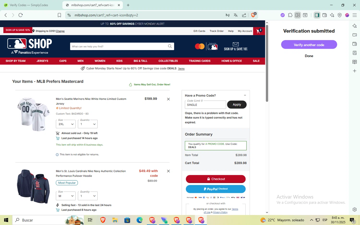 Houston Astros promo code screenshot showing code single applied at Houston Astros checkout page. Uploaded by SimplyCodes community member aaaaaaaaaaaaaaa on Nov 30, 2025