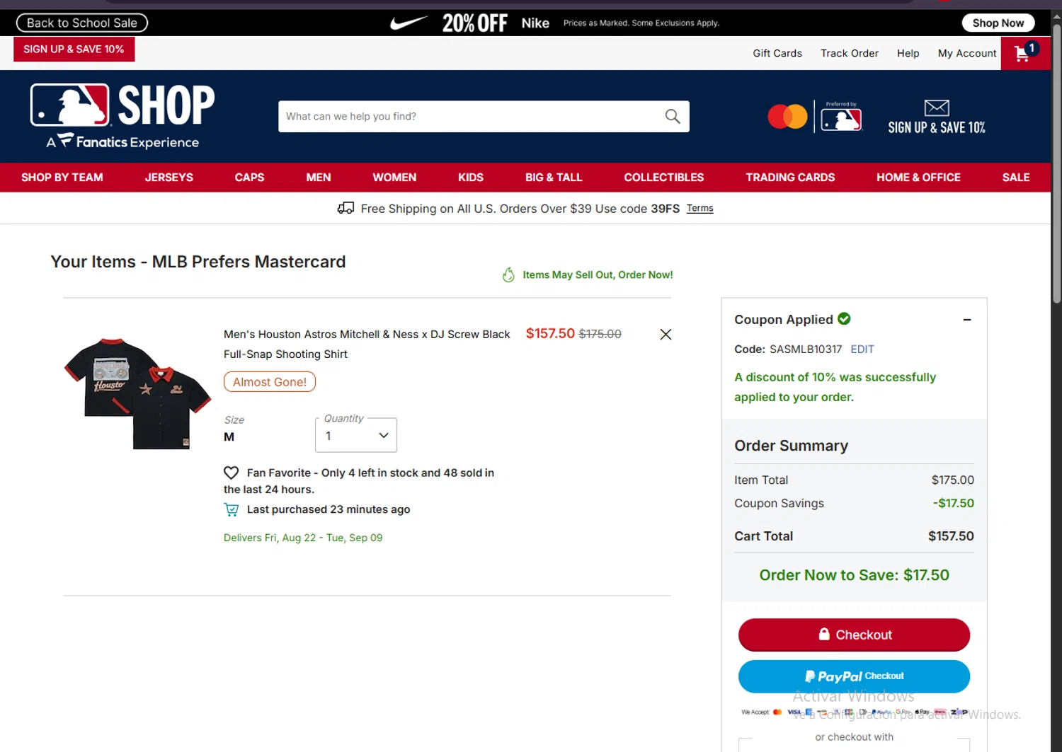 Houston Astros promo code screenshot showing code SASMLB10317 applied at Houston Astros checkout page. Uploaded by SimplyCodes community member Carlosramirez09 on Aug 8, 2025