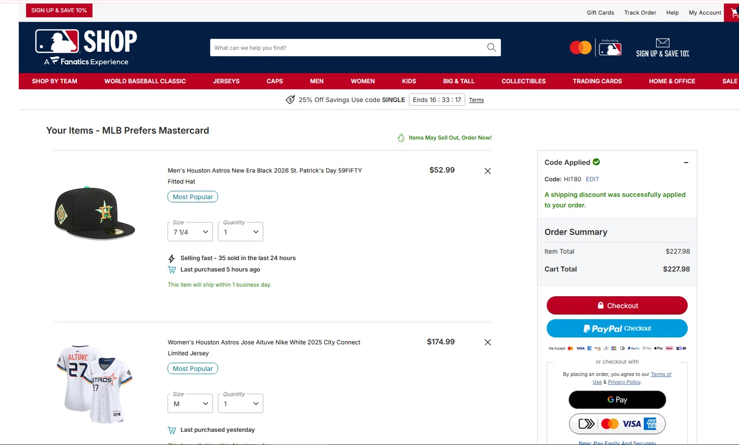 Houston Astros checkout page showing Houston Astros promo code box | Screenshot taken by SimplyCodes community member on Feb 21, 2026
