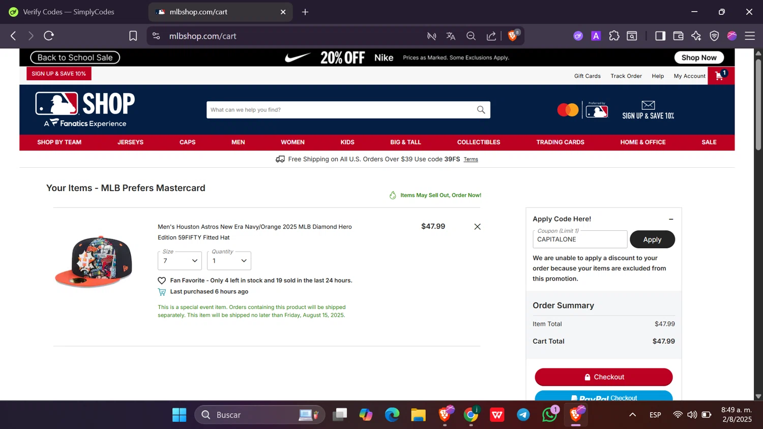 Houston Astros promo code screenshot showing code CAPITALONE applied at Houston Astros checkout page. Uploaded by SimplyCodes community member Toji_fushiguro on Aug 2, 2025