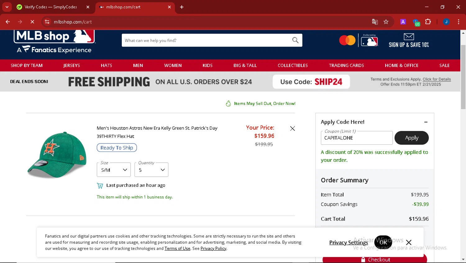 Houston Astros promo code screenshot showing code CAPITALONE applied at Houston Astros checkout page. Uploaded by SimplyCodes community member thegordobaby on Feb 19, 2025
