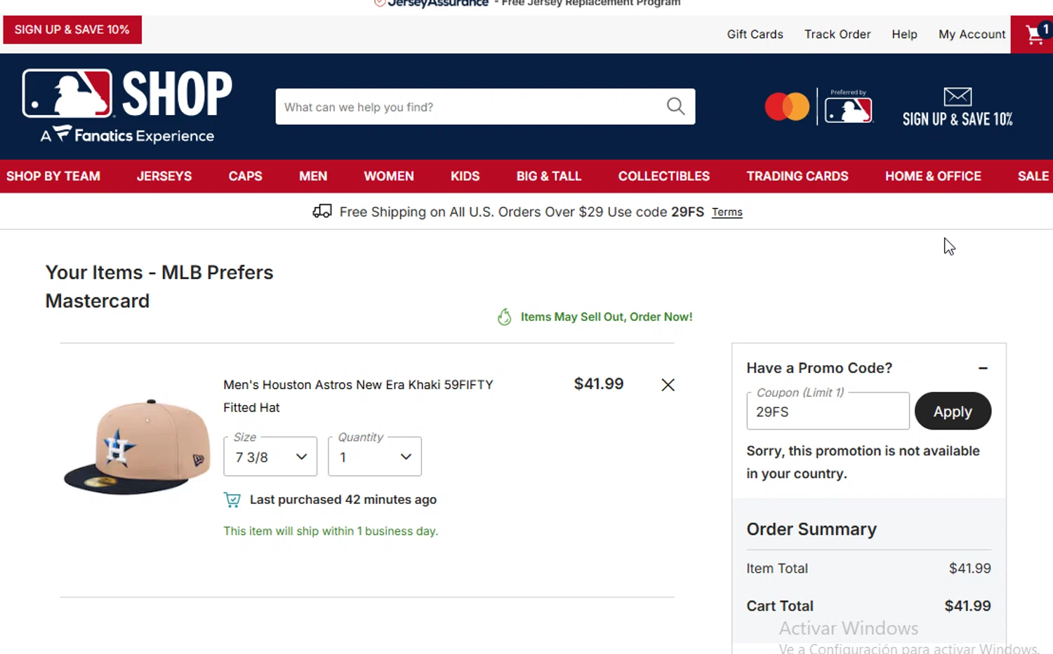 Houston Astros promo code screenshot showing code 29FS applied at Houston Astros checkout page. Uploaded by SimplyCodes community member WonderW on Nov 2, 2025