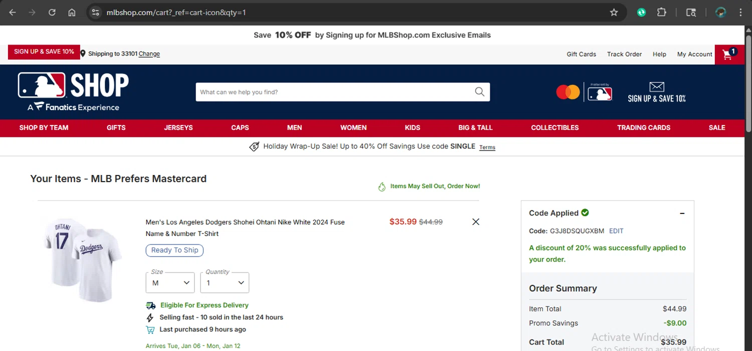Houston Astros checkout page showing Houston Astros promo code box | Screenshot taken by SimplyCodes community member on Dec 30, 2025