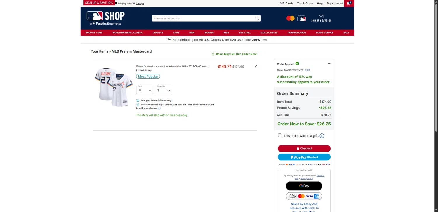 Houston Astros checkout page showing Houston Astros promo code box | Screenshot taken by SimplyCodes community member on Feb 22, 2026