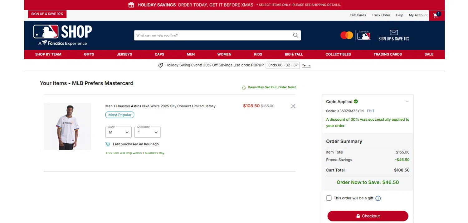 Houston Astros promo code screenshot showing code X36BZ5MZ5YG9 applied at Houston Astros checkout page. Uploaded by SimplyCodes community member OnlywM on Dec 18, 2025