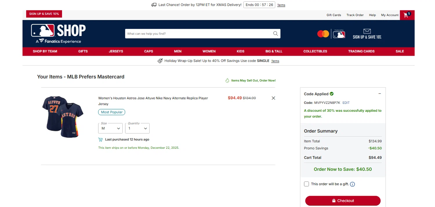 Houston Astros promo code screenshot showing code MVPYVZ2N8P7K applied at Houston Astros checkout page. Uploaded by SimplyCodes community member OnlywM on Dec 22, 2025