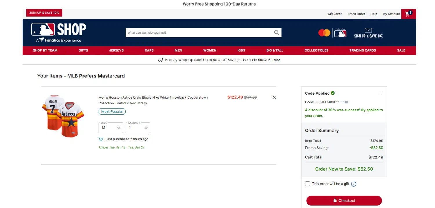 Houston Astros promo code screenshot showing code 965JPE5K8K22 applied at Houston Astros checkout page. Uploaded by SimplyCodes community member OnlywM on Dec 26, 2025