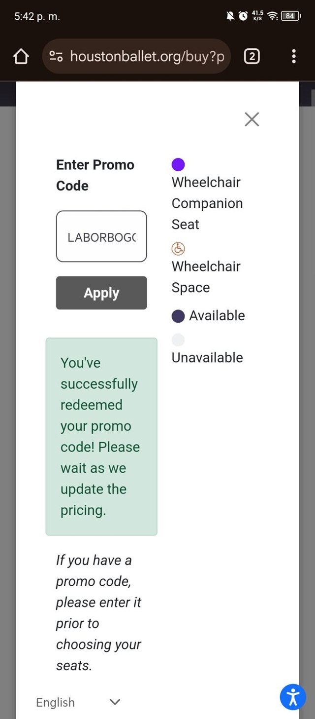 Houston Ballet checkout page showing Houston Ballet promo code box | Screenshot taken by SimplyCodes community member on Sep 1, 2024
