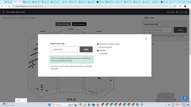 Houston Ballet checkout page showing Houston Ballet promo code box | Screenshot taken by SimplyCodes community member on Sep 1, 2024