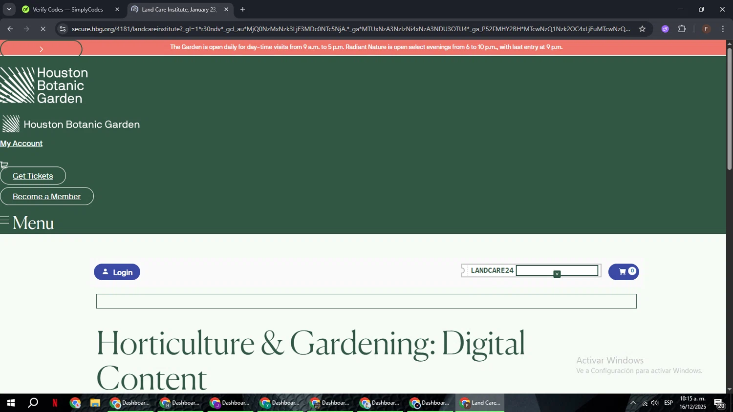 Houston Botanic Garden promo code screenshot showing code LANDCARE24 applied at Houston Botanic Garden checkout page. Uploaded by SimplyCodes community member ExtraordinaryHunter3076 on Dec 16, 2025